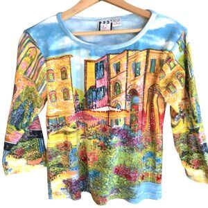 Take Two All-Over Print Cityscape Shirt Beaded Graphic Y2K Colorful Top Size L